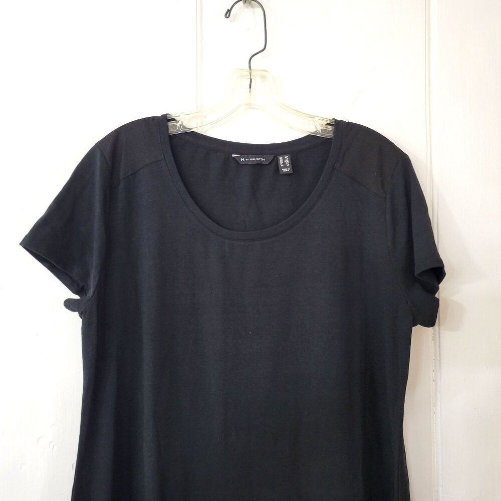 H by Halston Black Short Sleeve Mid-Length T-Shirt Dress with Matte Satin Trim - Picture 2 of 5